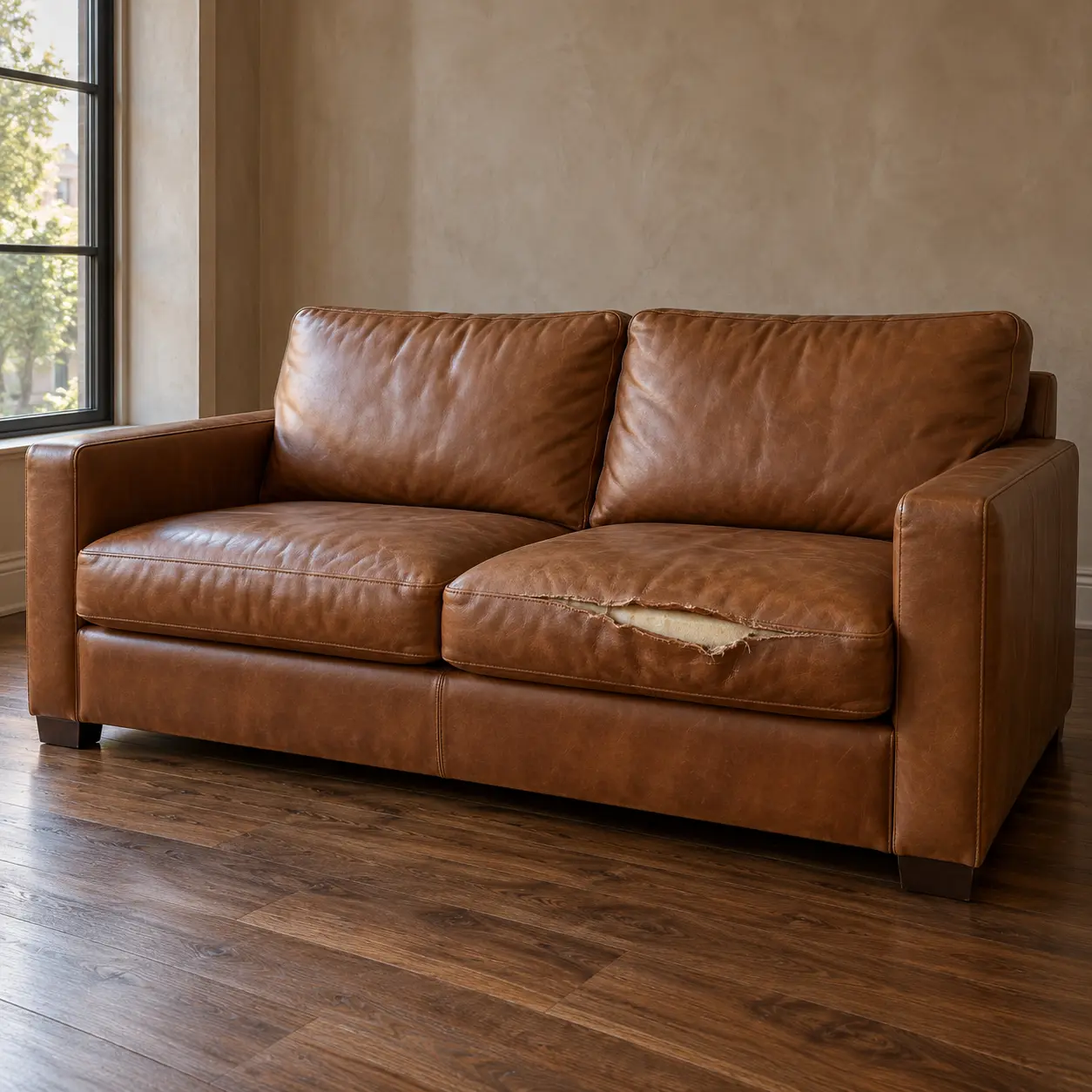 Leather sofa with the cover split across a cushion