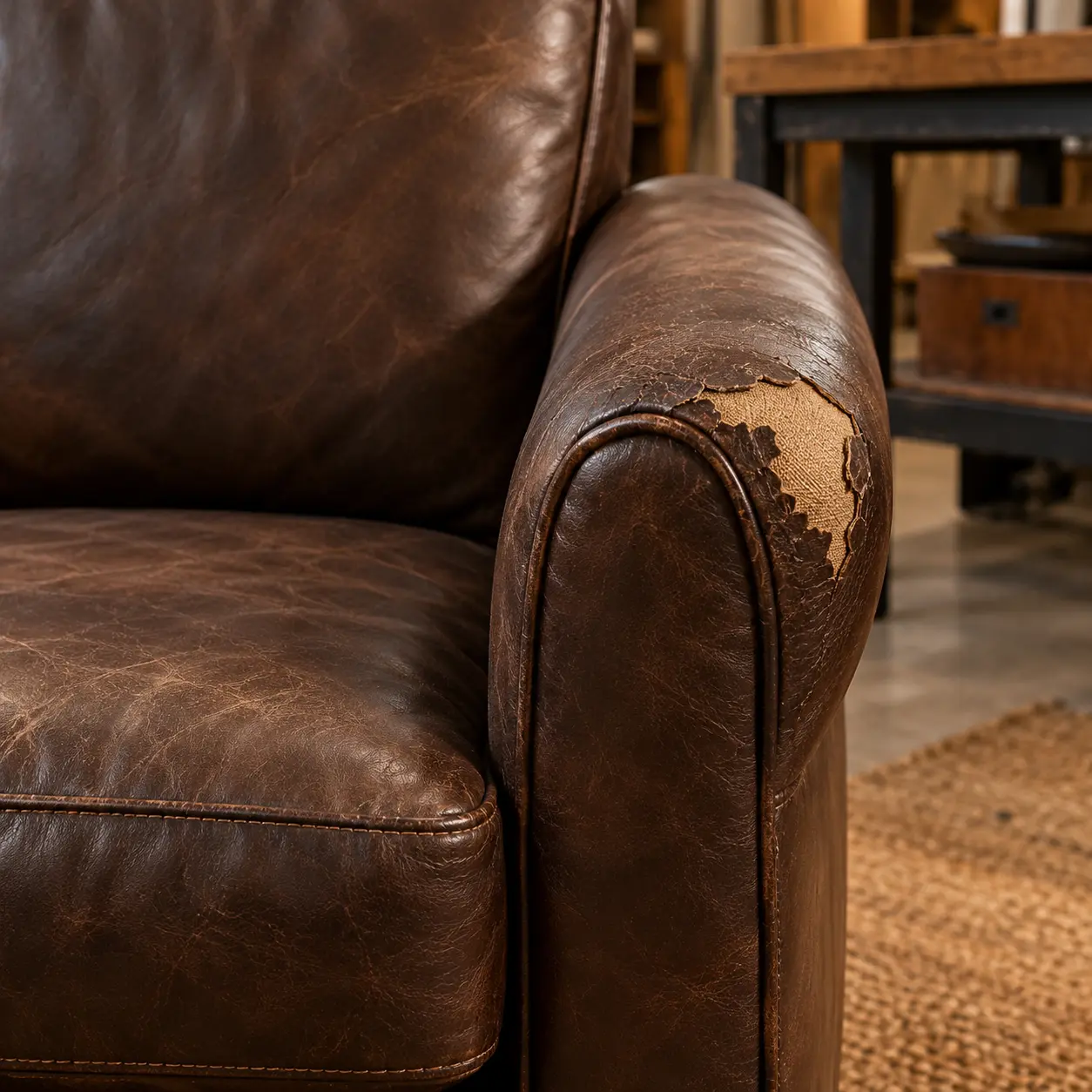 Worn sofa arm with a different colour showing underneath