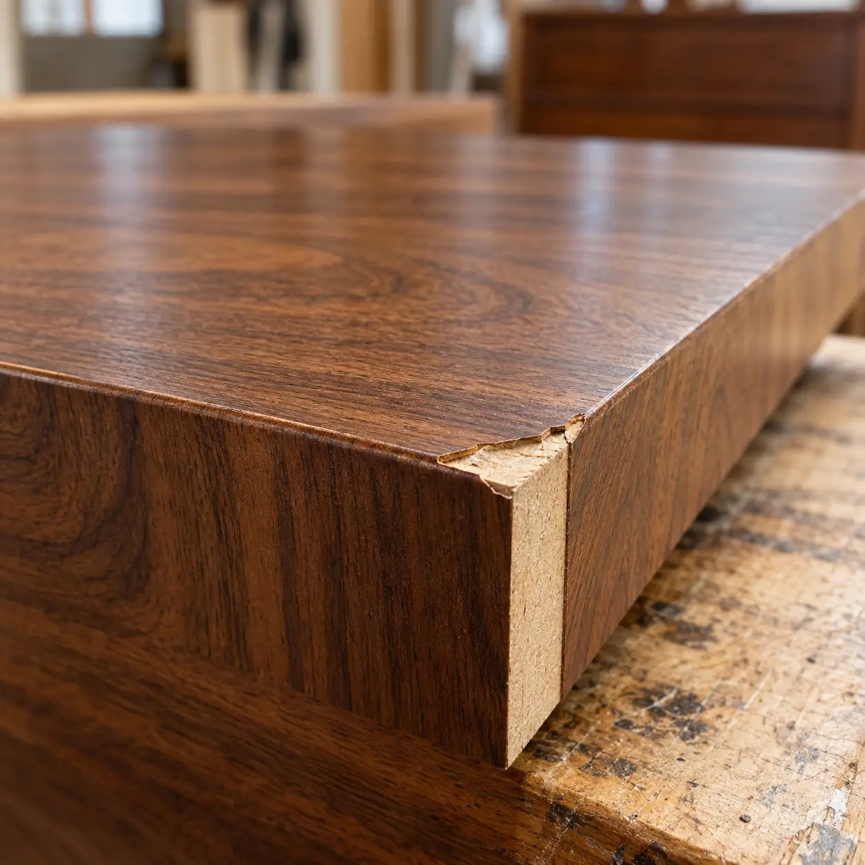 Table edge showing veneer over a core rather than solid timber